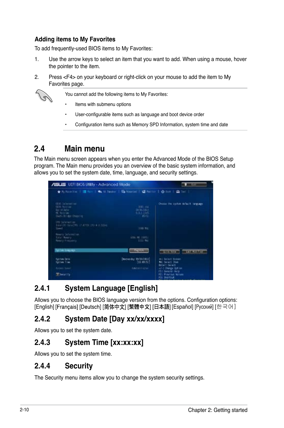 4 main menu, Main menu -10, 1 system language [english | 3 system time [xx:xx:xx, 4 security | Asus B85-A User Manual | Page 38 / 75