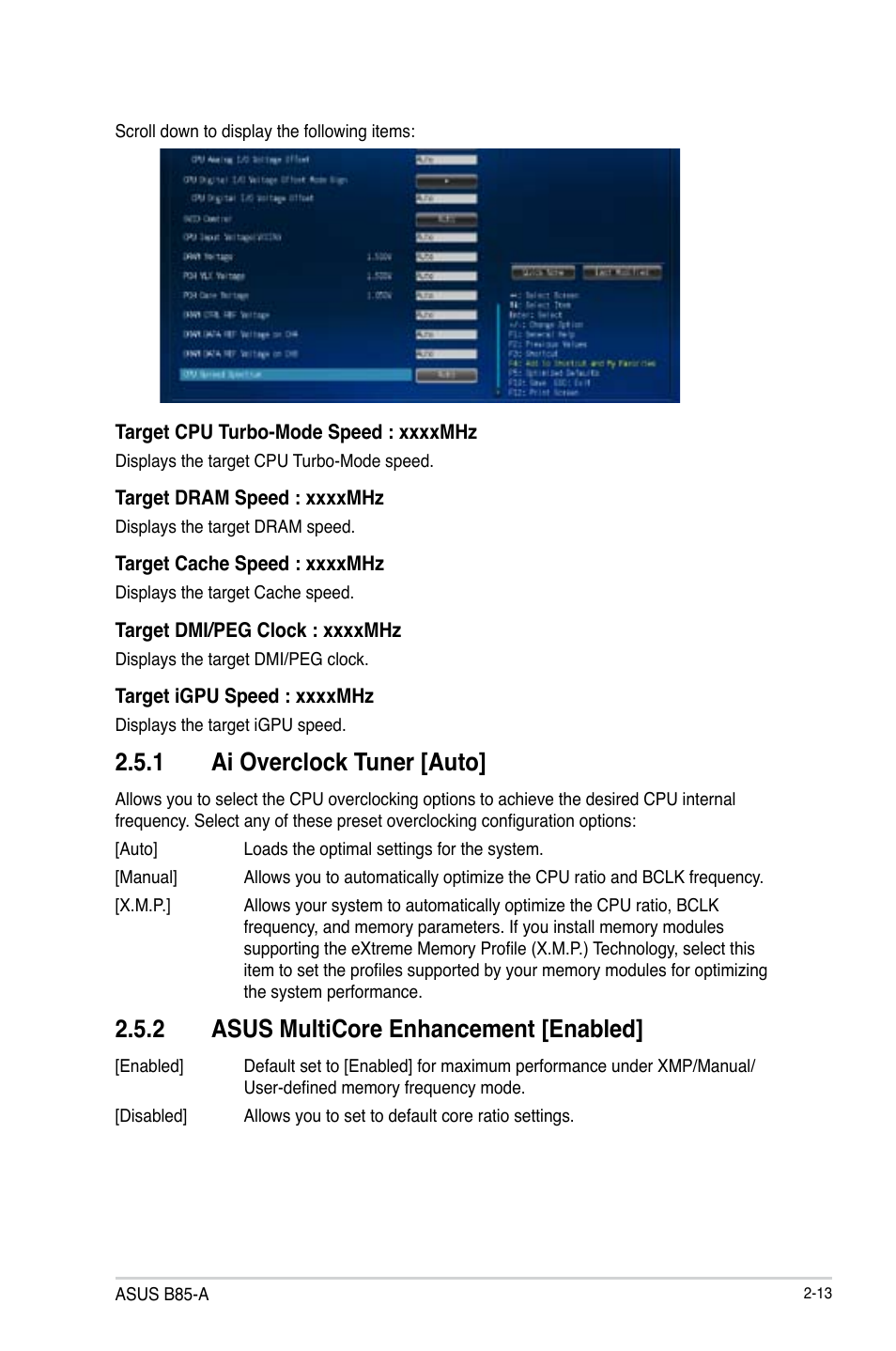 1 ai overclock tuner [auto, 2 asus multicore enhancement [enabled | Asus B85-A User Manual | Page 41 / 75