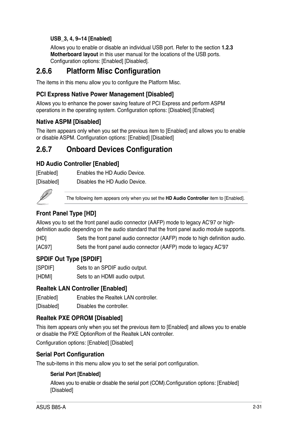 6 platform misc configuration, 7 onboard devices configuration | Asus B85-A User Manual | Page 59 / 75