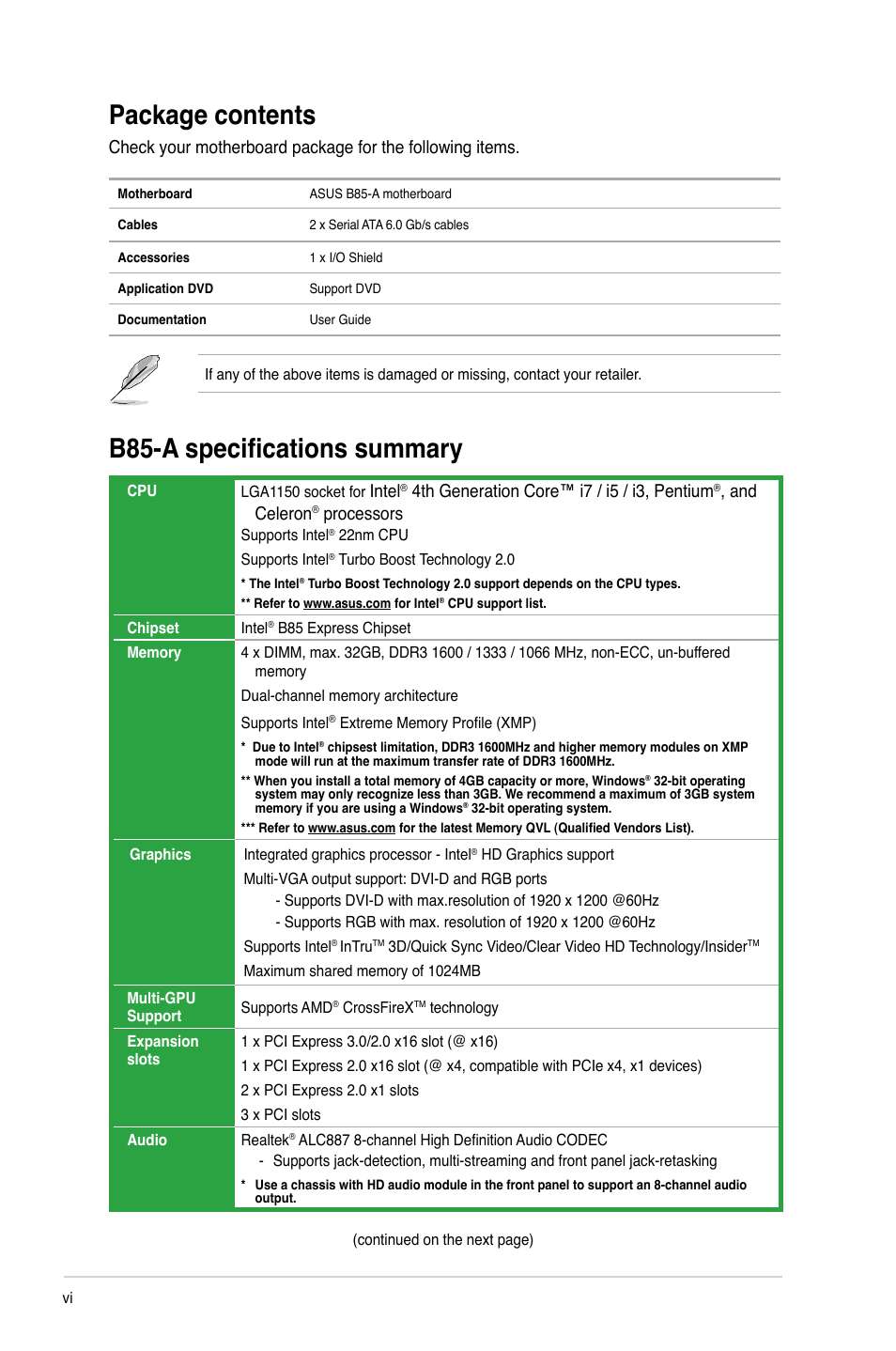 Package contents, B85-a specifications summary, Intel | 4th generation core™ i7 / i5 / i3, pentium, And celeron, Processors | Asus B85-A User Manual | Page 6 / 75