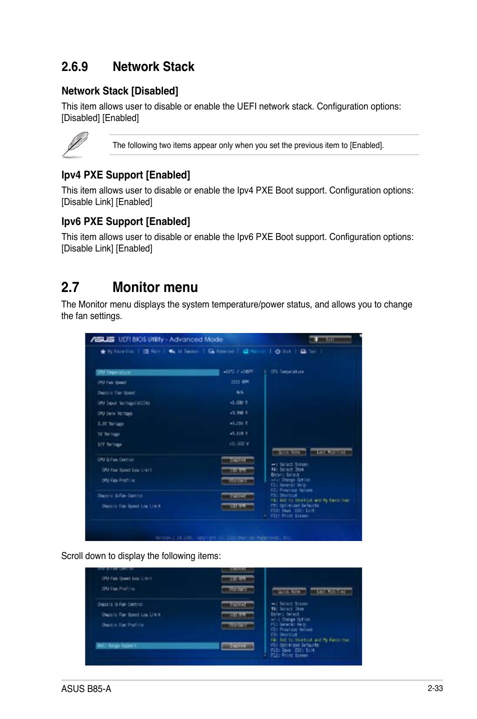 7 monitor menu, Monitor menu -33, 9 network stack | Asus B85-A User Manual | Page 61 / 75