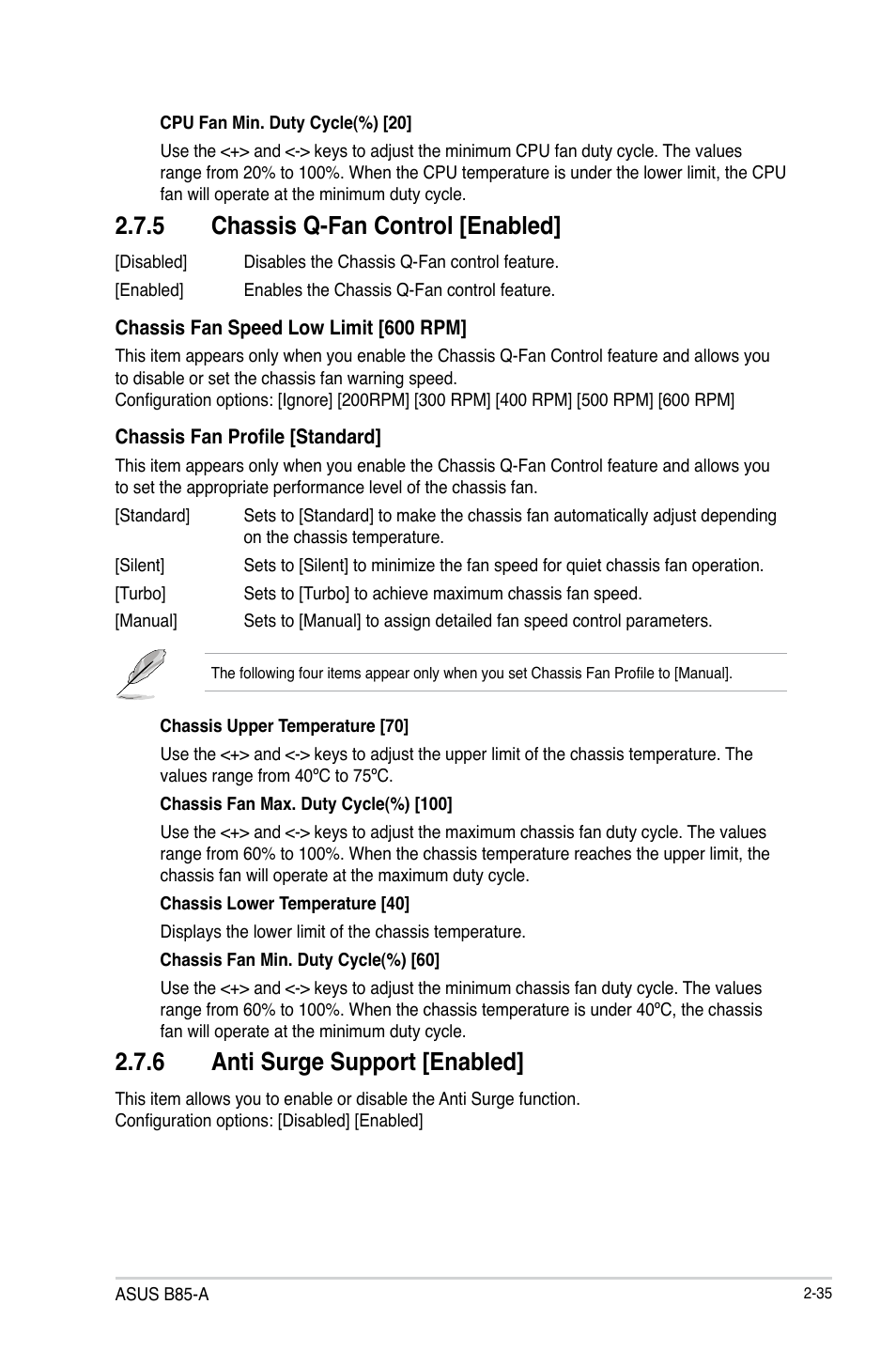 5 chassis q-fan control [enabled, 6 anti surge support [enabled | Asus B85-A User Manual | Page 63 / 75