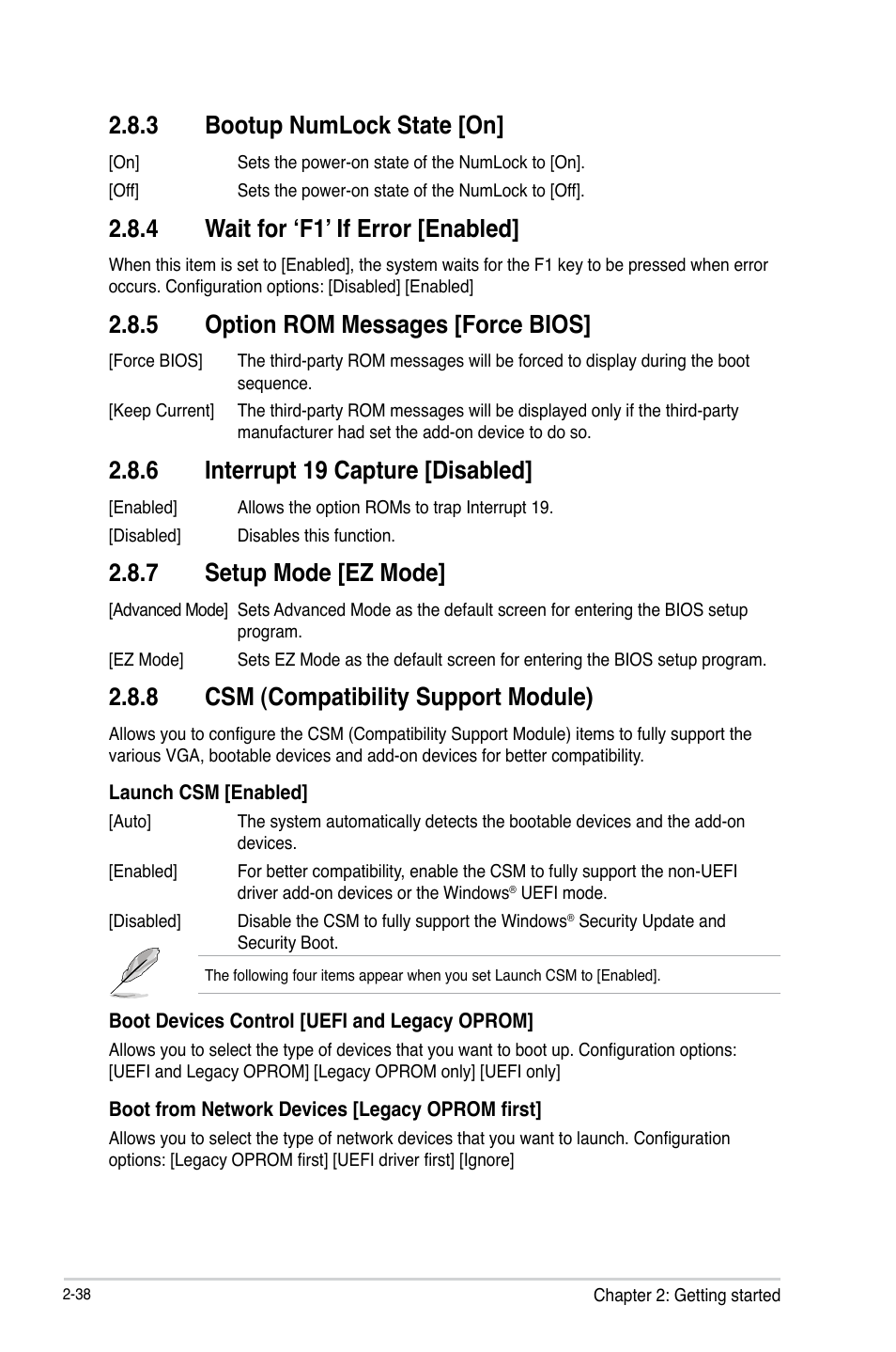 3 bootup numlock state [on, 4 wait for ‘f1’ if error [enabled, 5 option rom messages [force bios | 6 interrupt 19 capture [disabled, 7 setup mode [ez mode, 8 csm (compatibility support module) | Asus B85-A User Manual | Page 66 / 75