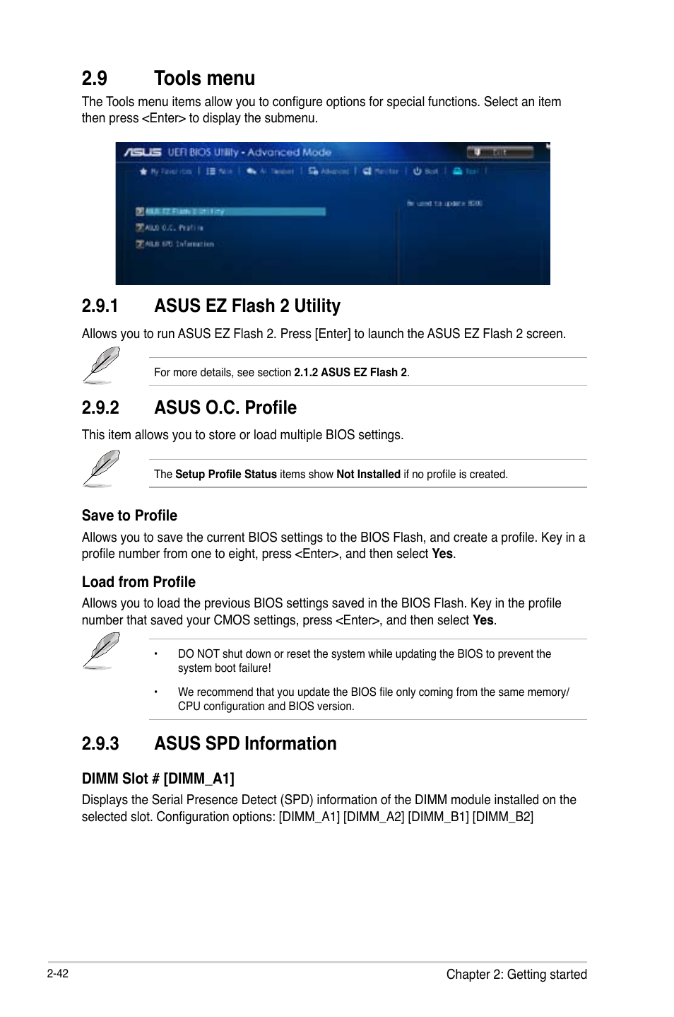 9 tools menu, Tools menu -42, 1 asus ez flash 2 utility | 2 asus o.c. profile, 3 asus spd information | Asus B85-A User Manual | Page 70 / 75