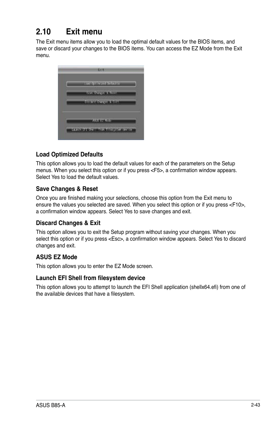 10 exit menu, 10 exit menu -43 | Asus B85-A User Manual | Page 71 / 75