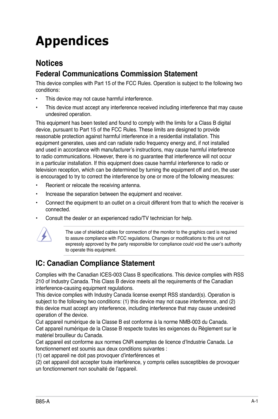 Appendices, Notices, Federal communications commission statement | Ic: canadian compliance statement | Asus B85-A User Manual | Page 72 / 75