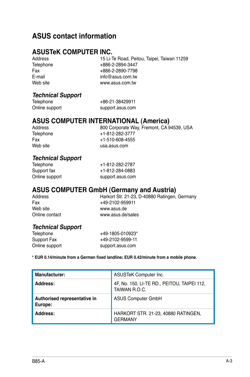 Asus contact information, Asustek computer inc, Asus computer international (america) | Asus computer gmbh (germany and austria), Technical support | Asus B85-A User Manual | Page 74 / 75