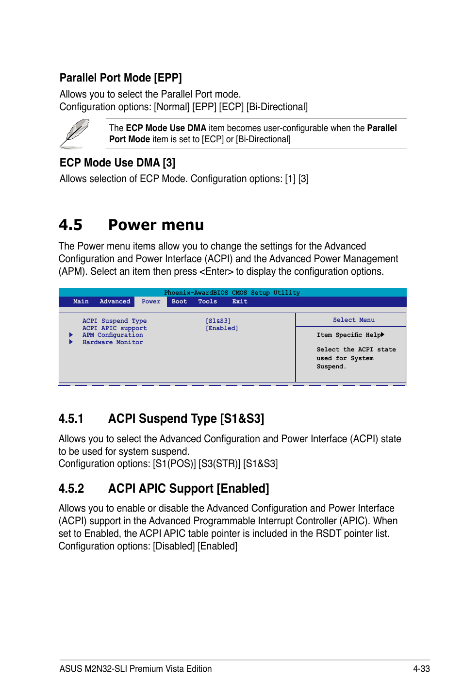 5 power menu, 1 acpi suspend type [s1&s3, 2 acpi apic support [enabled | Parallel port mode [epp, Ecp mode use dma [3 | Asus M2N32-SLI Premium VISTA Edition User Manual | Page 103 / 184