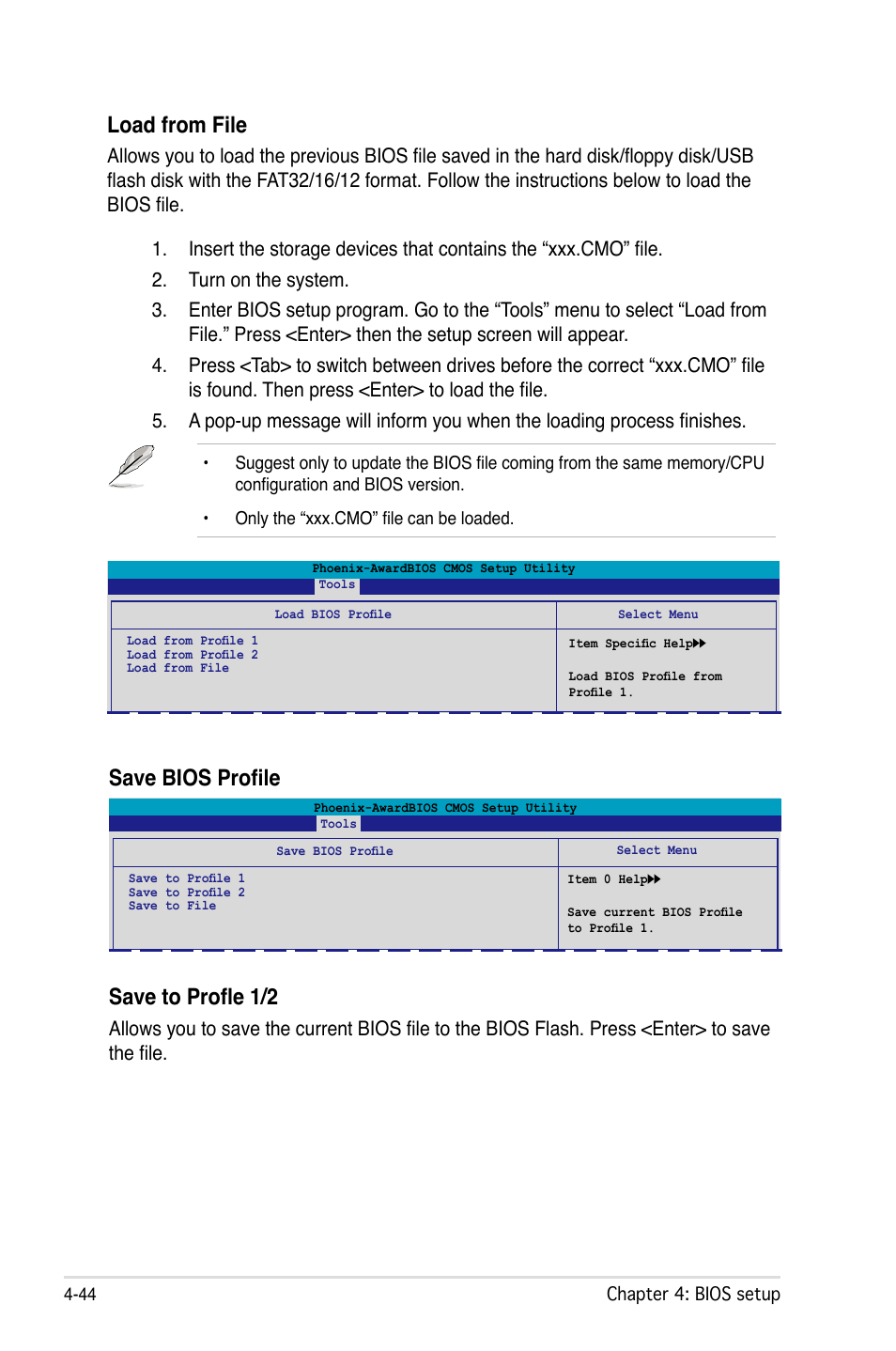 Load from file, Save bios profile save to profle 1/2 | Asus M2N32-SLI Premium VISTA Edition User Manual | Page 114 / 184