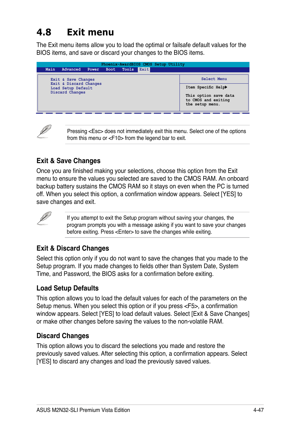 8 exit menu, Exit & save changes, Exit & discard changes | Load setup defaults, Discard changes | Asus M2N32-SLI Premium VISTA Edition User Manual | Page 117 / 184