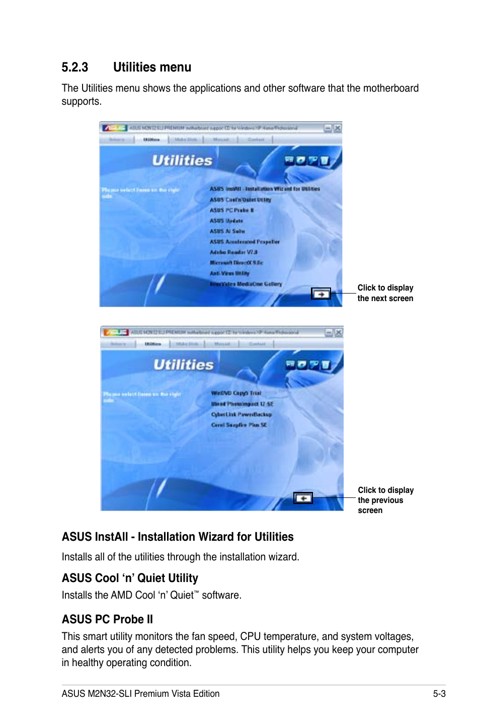 3 utilities menu, Asus install - installation wizard for utilities, Asus cool ‘n’ quiet utility | Asus pc probe ii | Asus M2N32-SLI Premium VISTA Edition User Manual | Page 123 / 184