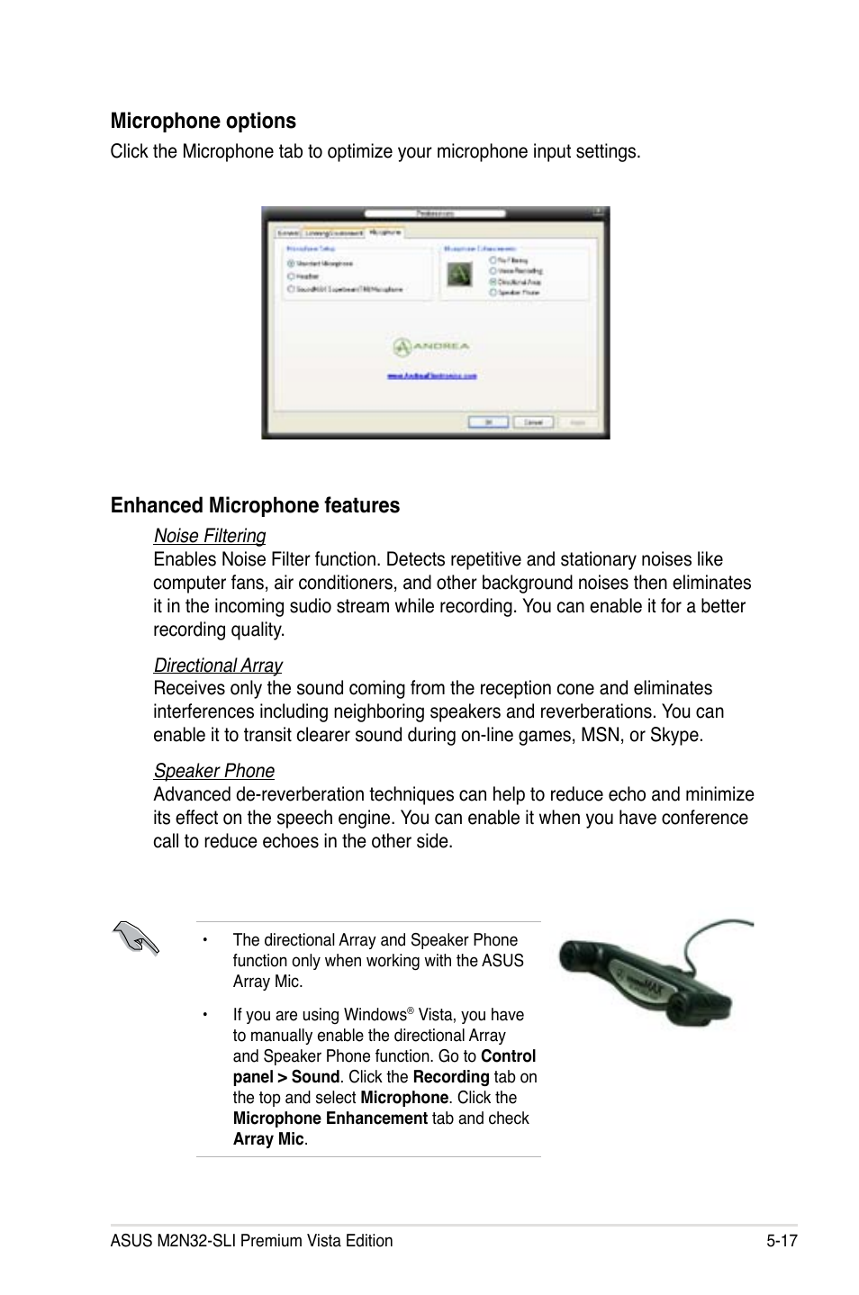 Microphone options, Enhanced microphone features | Asus M2N32-SLI Premium VISTA Edition User Manual | Page 137 / 184