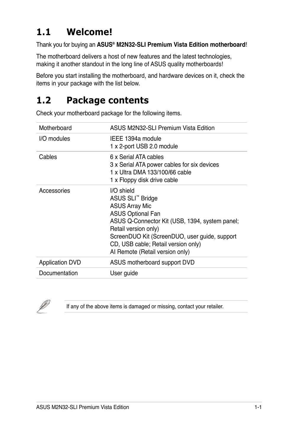 1 welcome, 2 package contents | Asus M2N32-SLI Premium VISTA Edition User Manual | Page 17 / 184