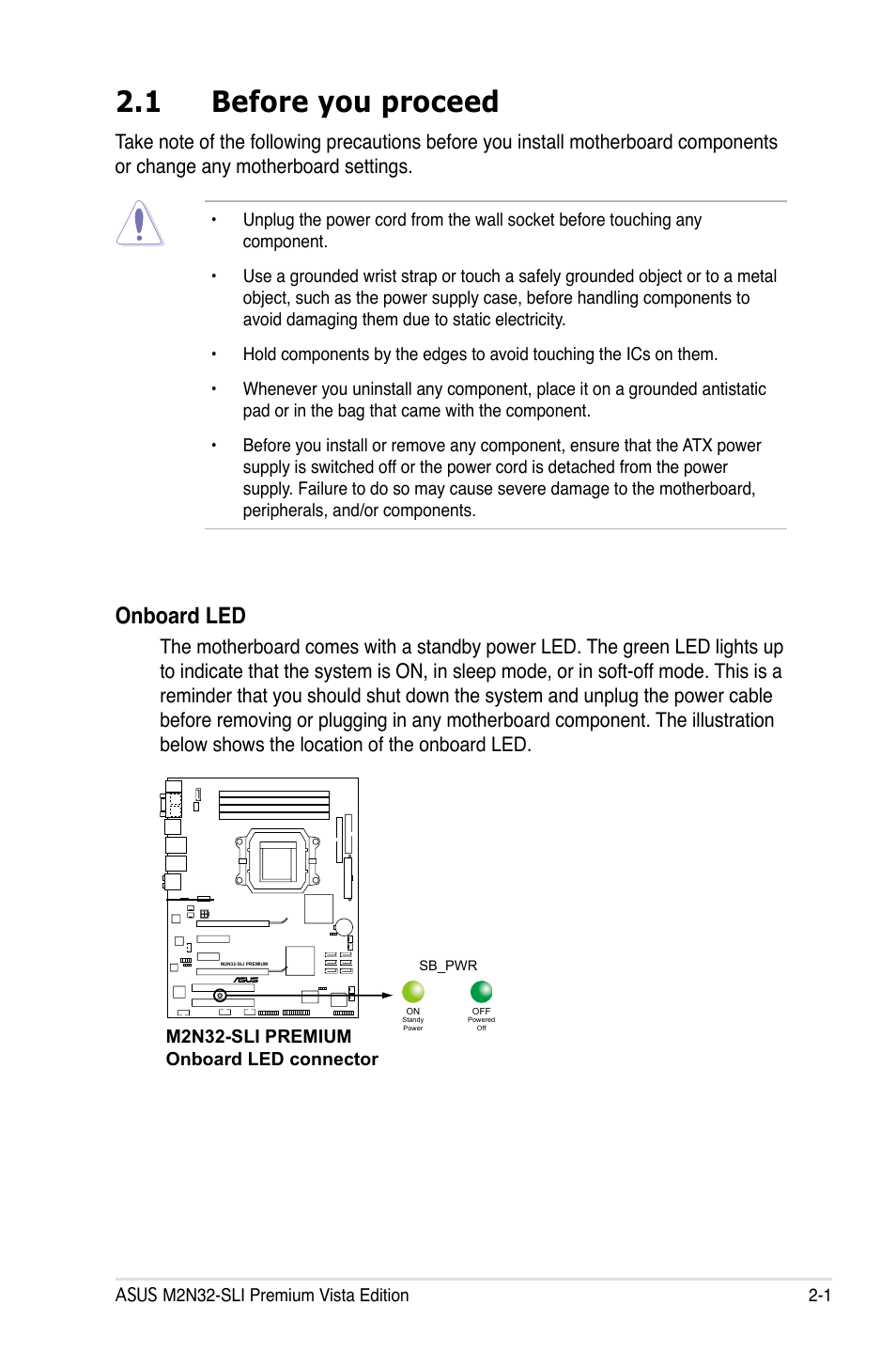 1 before you proceed, Onboard led | Asus M2N32-SLI Premium VISTA Edition User Manual | Page 29 / 184