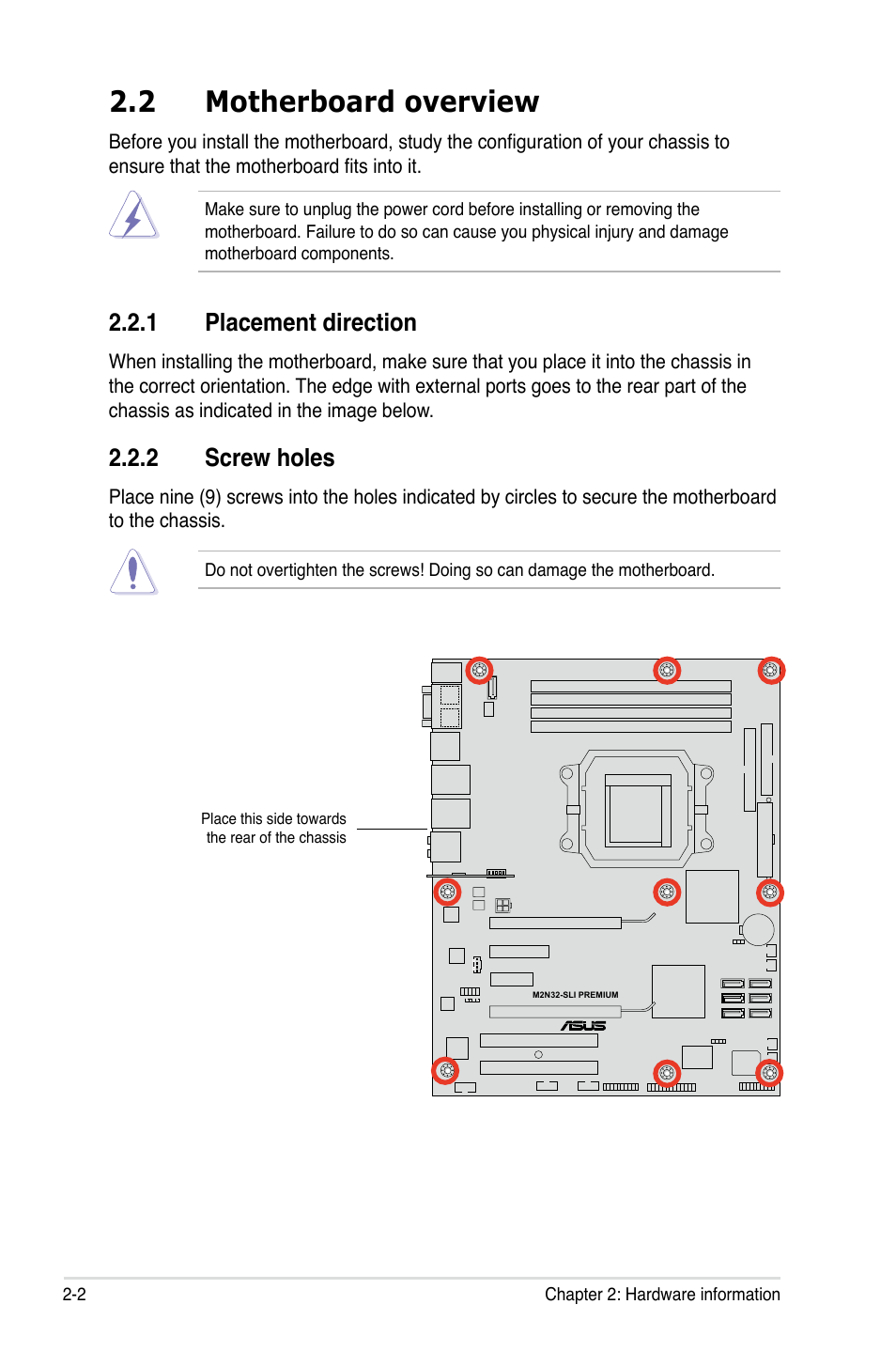 2 motherboard overview, 1 placement direction, 2 screw holes | Asus M2N32-SLI Premium VISTA Edition User Manual | Page 30 / 184