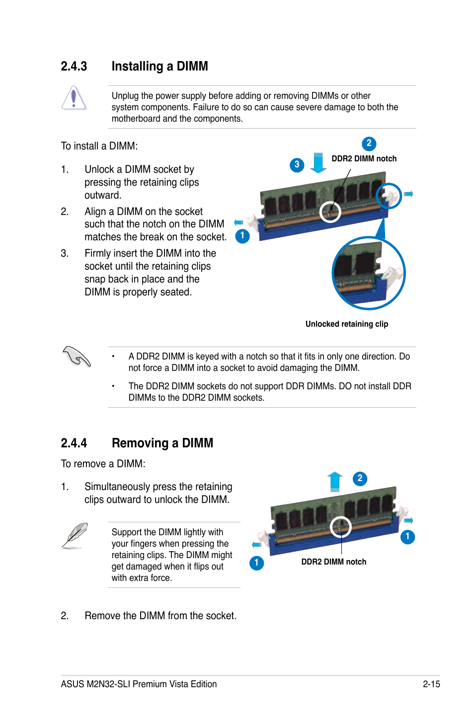 3 installing a dimm, 4 removing a dimm | Asus M2N32-SLI Premium VISTA Edition User Manual | Page 43 / 184