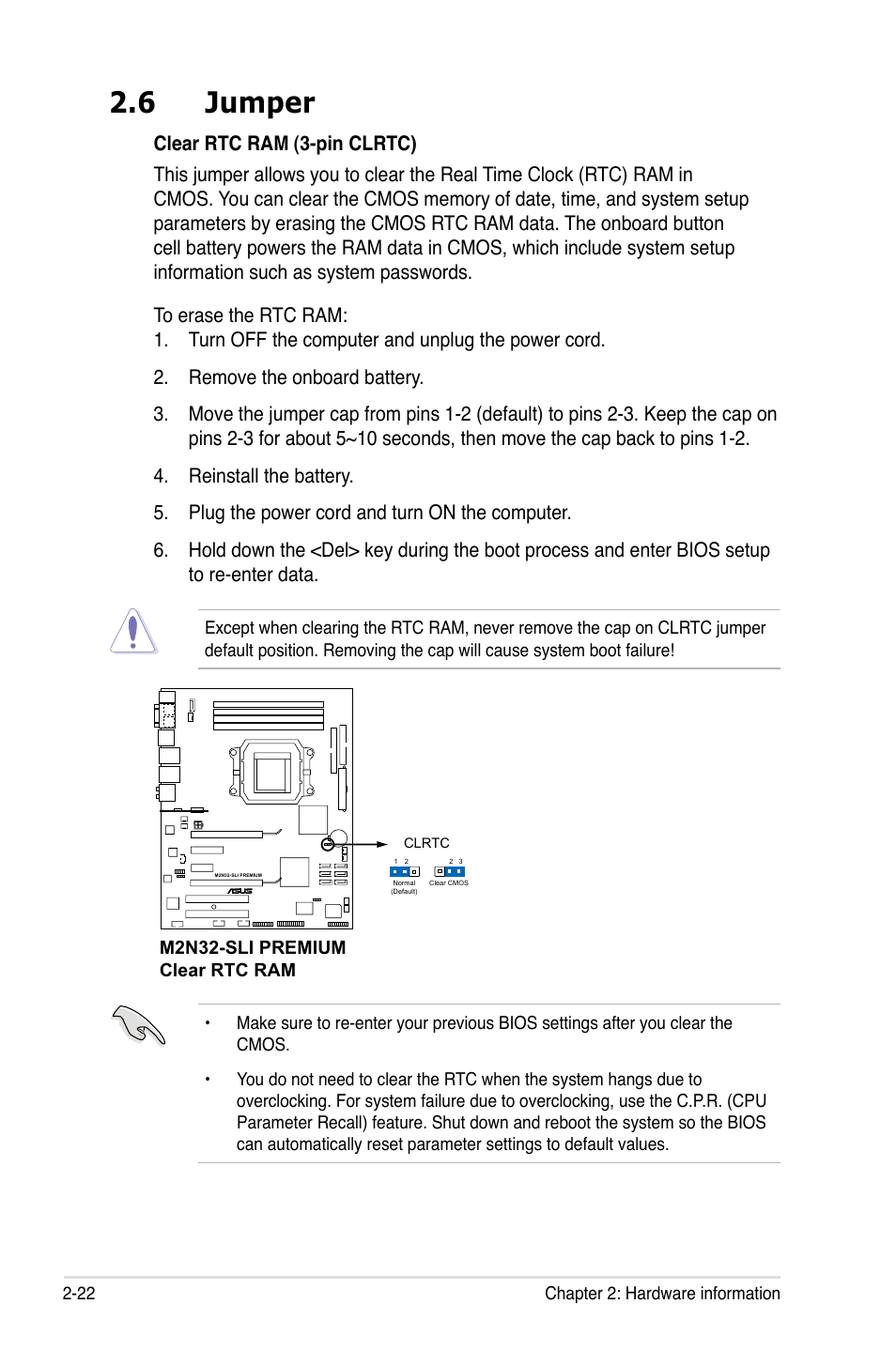 6 jumper | Asus M2N32-SLI Premium VISTA Edition User Manual | Page 50 / 184