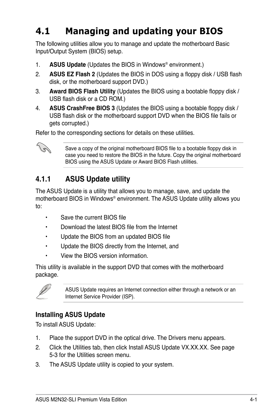 1 managing and updating your bios, 1 asus update utility | Asus M2N32-SLI Premium VISTA Edition User Manual | Page 71 / 184