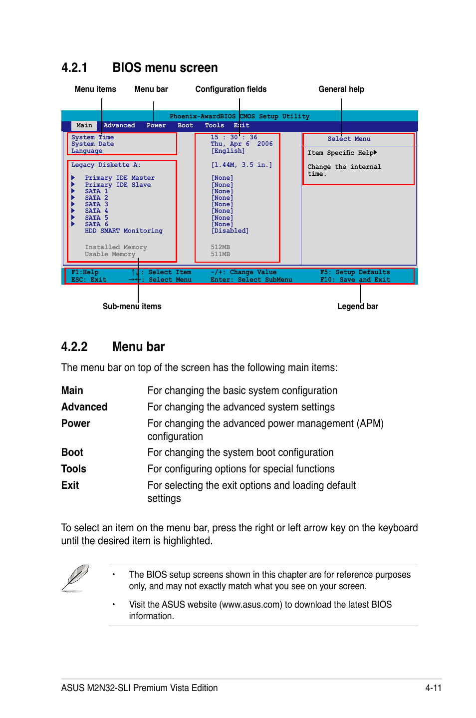 1 bios menu screen, 2 menu bar | Asus M2N32-SLI Premium VISTA Edition User Manual | Page 81 / 184