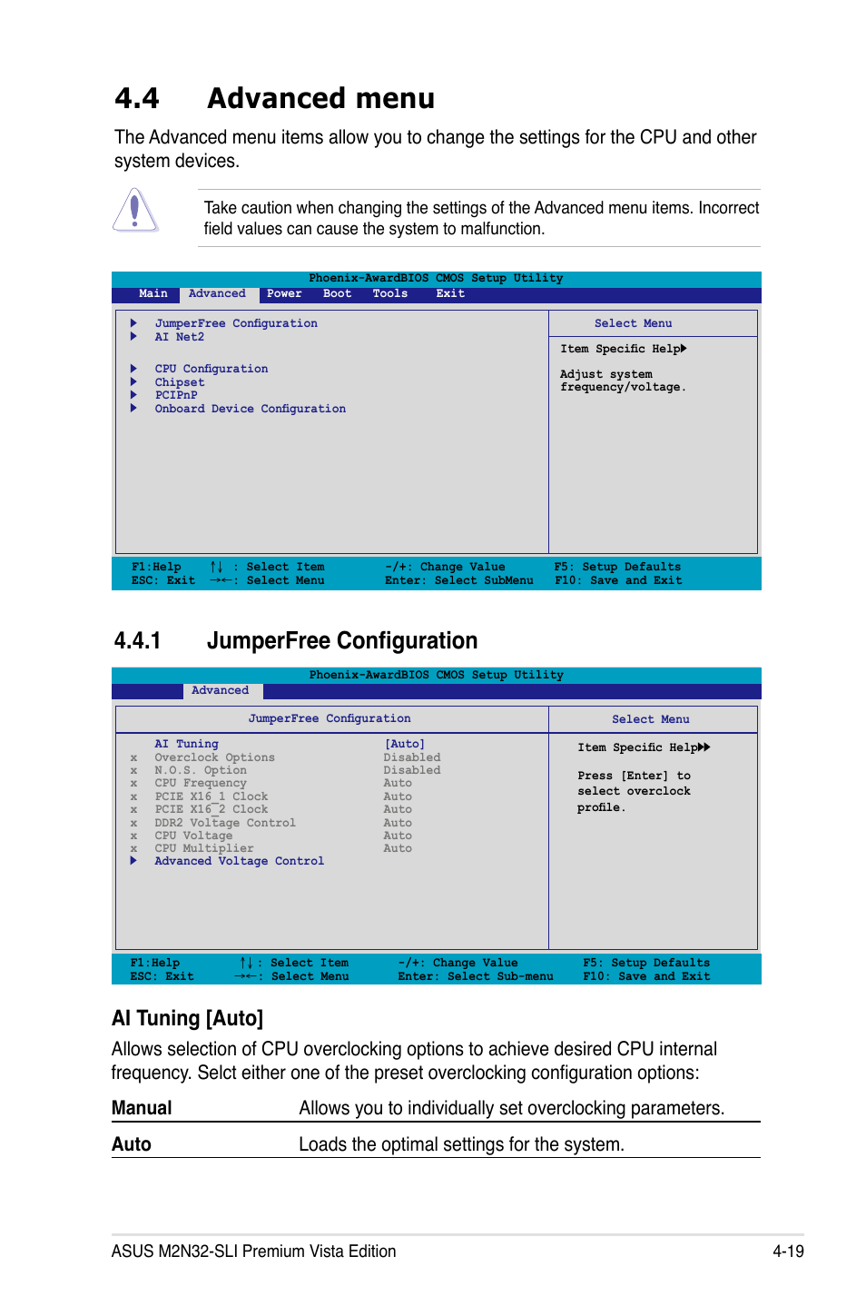 4 advanced menu, 1 jumperfree configuration, Ai tuning [auto | Asus M2N32-SLI Premium VISTA Edition User Manual | Page 89 / 184