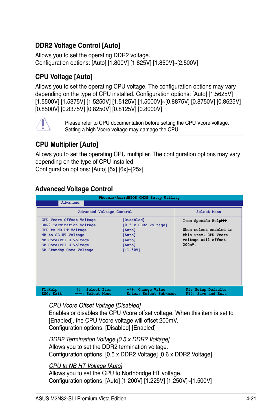 Ddr2 voltage control [auto, Cpu voltage [auto, Advanced voltage control cpu multiplier [auto | Asus M2N32-SLI Premium VISTA Edition User Manual | Page 91 / 184