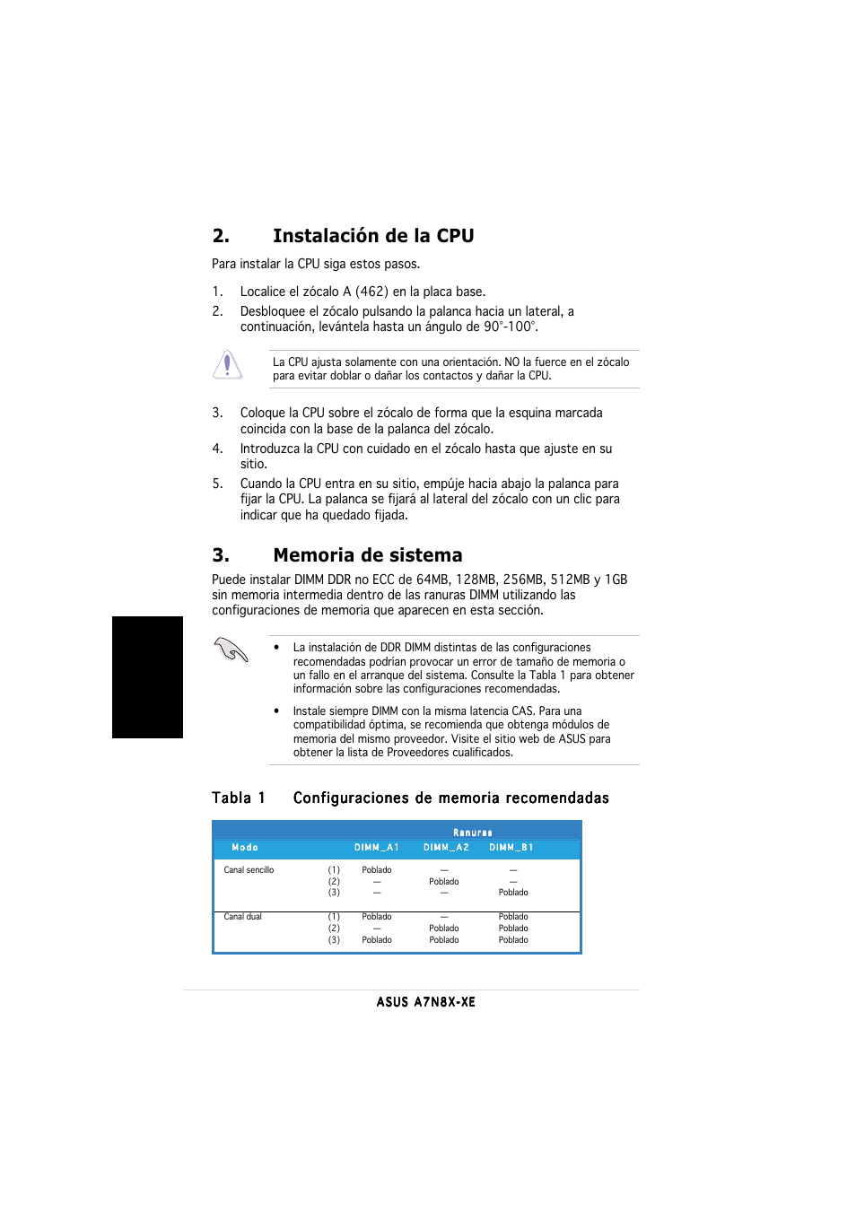 Instalación de la cpu, Espa ñ ol, Tabla 1 | Asus A7N8X-XE User Manual | Page 12 / 20