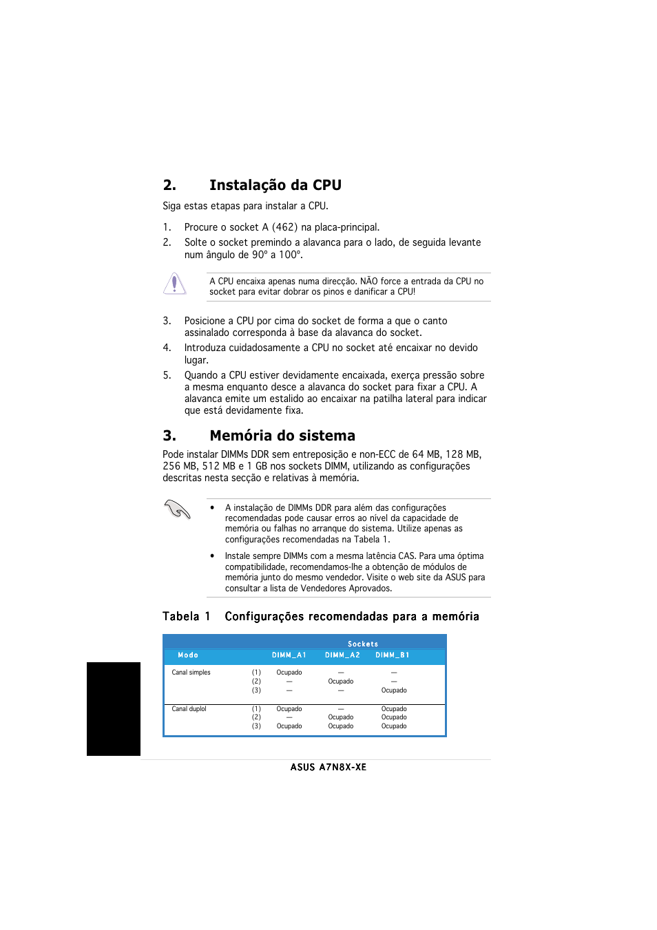 Memória do sistema, Instalação da cpu, Portugu ê s | Tabela 1 | Asus A7N8X-XE User Manual | Page 18 / 20