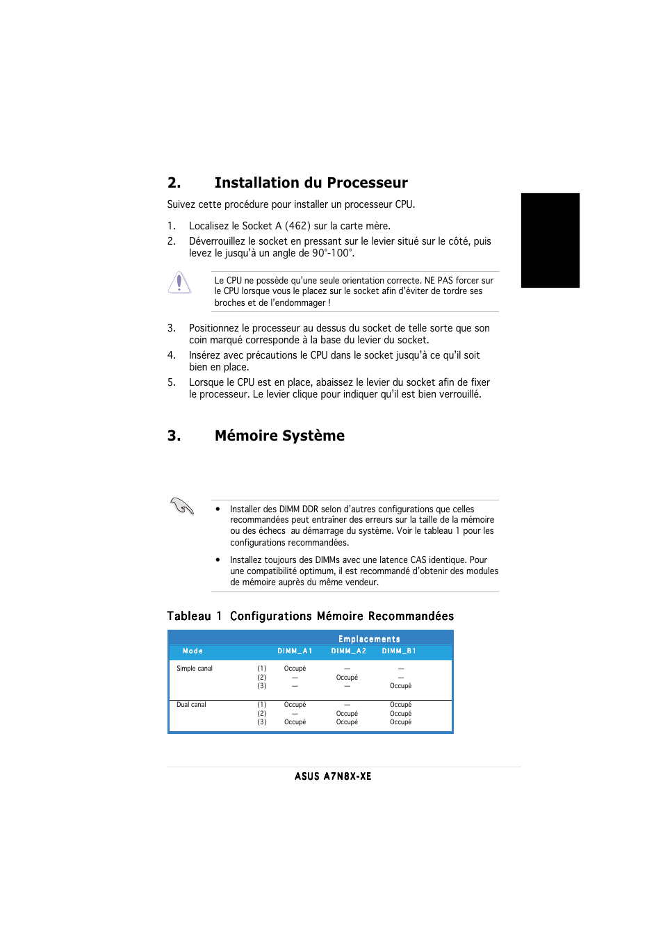 Mémoire système, Installation du processeur, Fran ç ais | Tableau 1 | Asus A7N8X-XE User Manual | Page 3 / 20