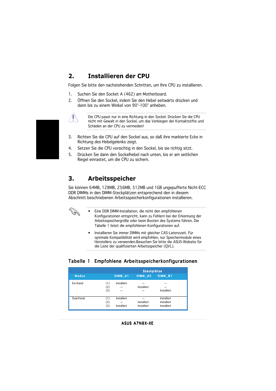 Arbeitsspeicher, Installieren der cpu, Deutsch | Tabelle 1 | Asus A7N8X-XE User Manual | Page 6 / 20