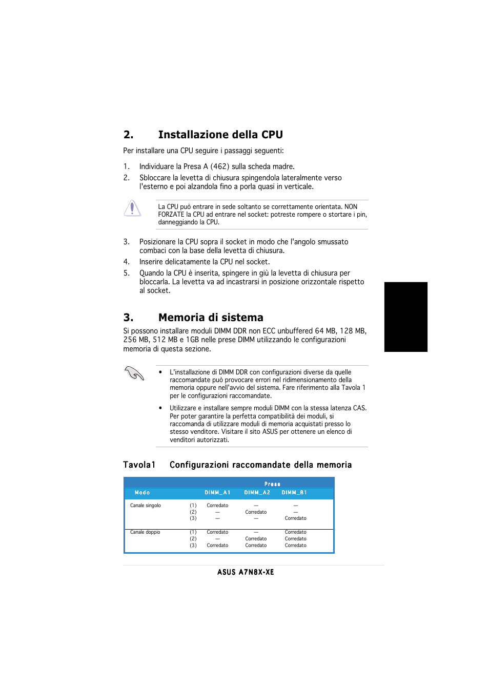 Installazione della cpu, Italiano, Tavola1 | Asus A7N8X-XE User Manual | Page 9 / 20