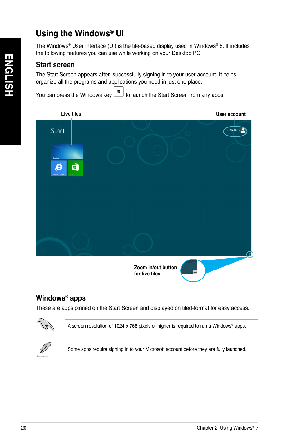 Using the windows® ui, Using the windows, En gl is h en gl is h en gl is h en gl is h | Asus CM1435 User Manual | Page 20 / 68