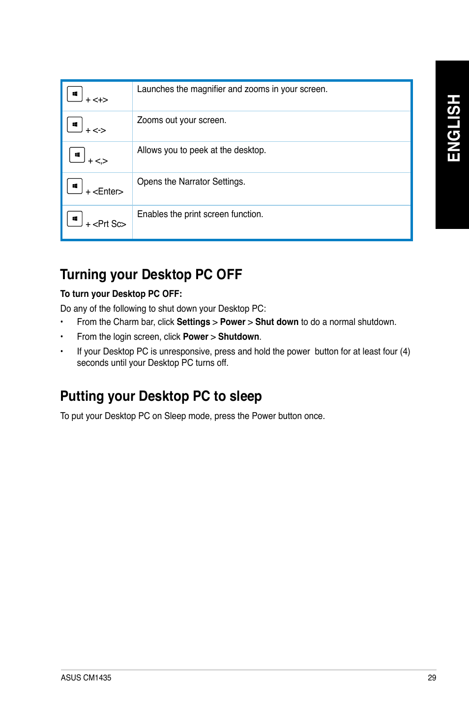 Turning your desktop pc off, Putting your desktop pc to sleep, En gl is h en gl is h | Asus CM1435 User Manual | Page 29 / 68