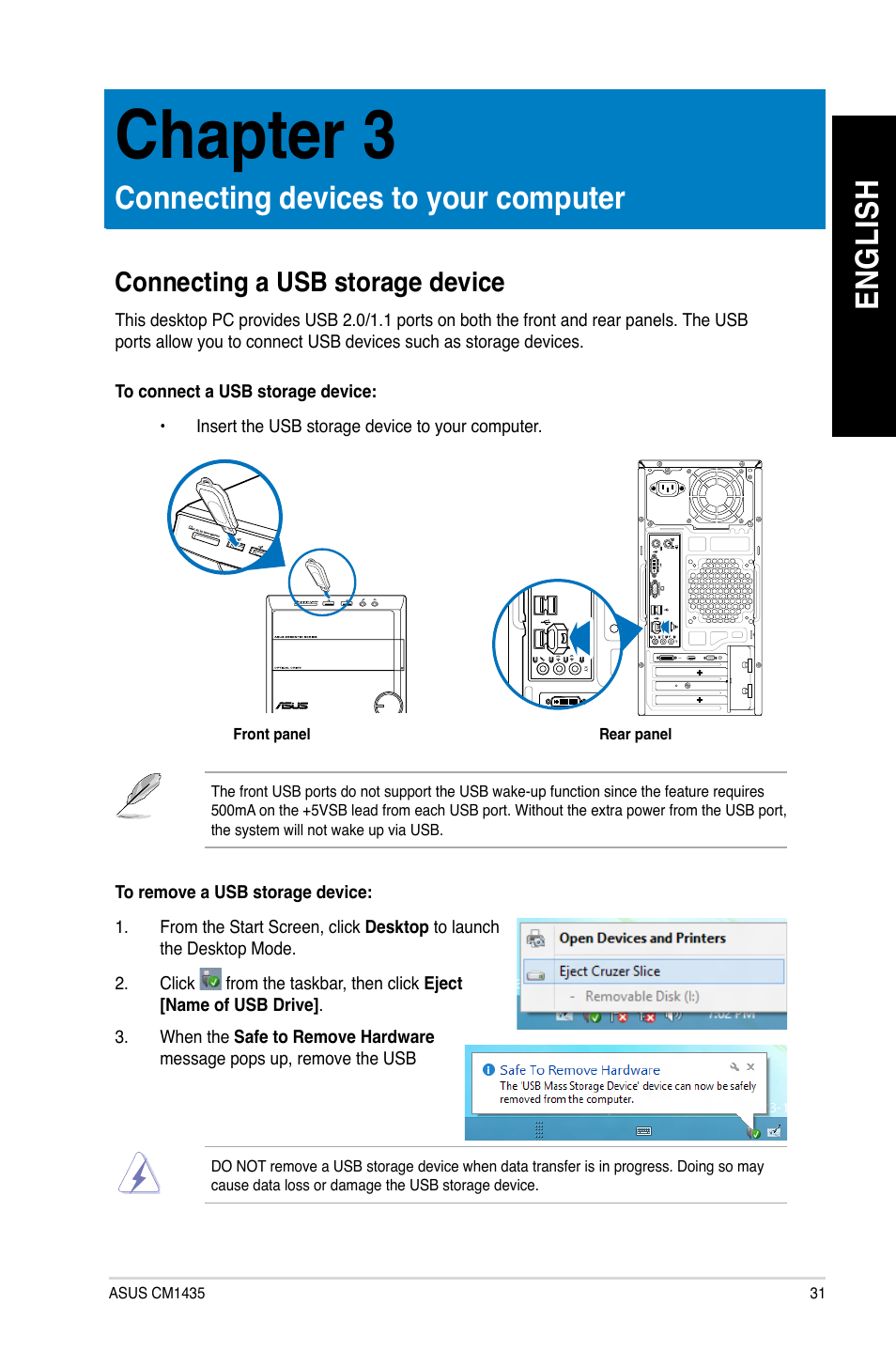 Chapter 3, Connecting devices to your computer, Connecting a usb storage device | En gl is h en gl is h | Asus CM1435 User Manual | Page 31 / 68