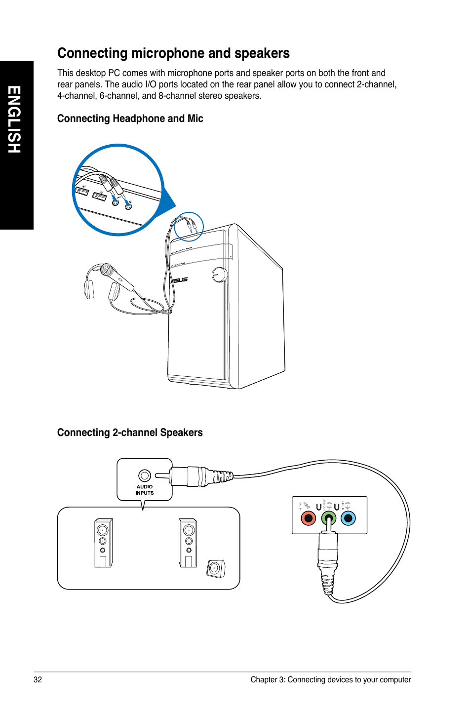 Connecting microphone and speakers, En gl is h en gl is h en gl is h en gl is h | Asus CM1435 User Manual | Page 32 / 68