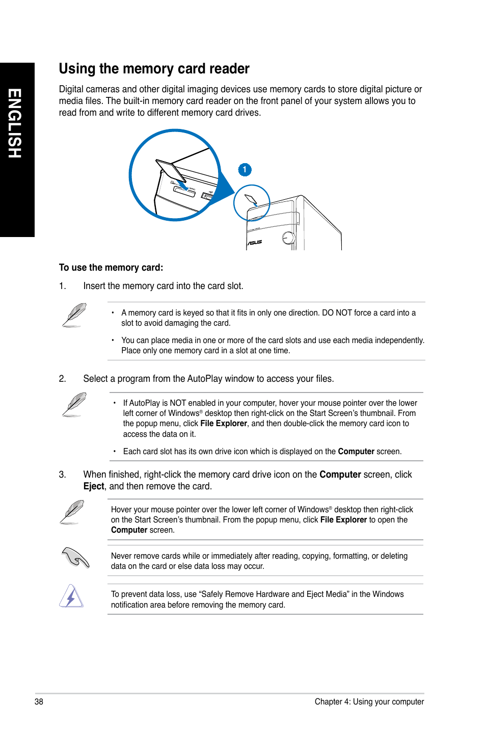 Using the memory card reader, En gl is h en gl is h en gl is h en gl is h | Asus CM1435 User Manual | Page 38 / 68