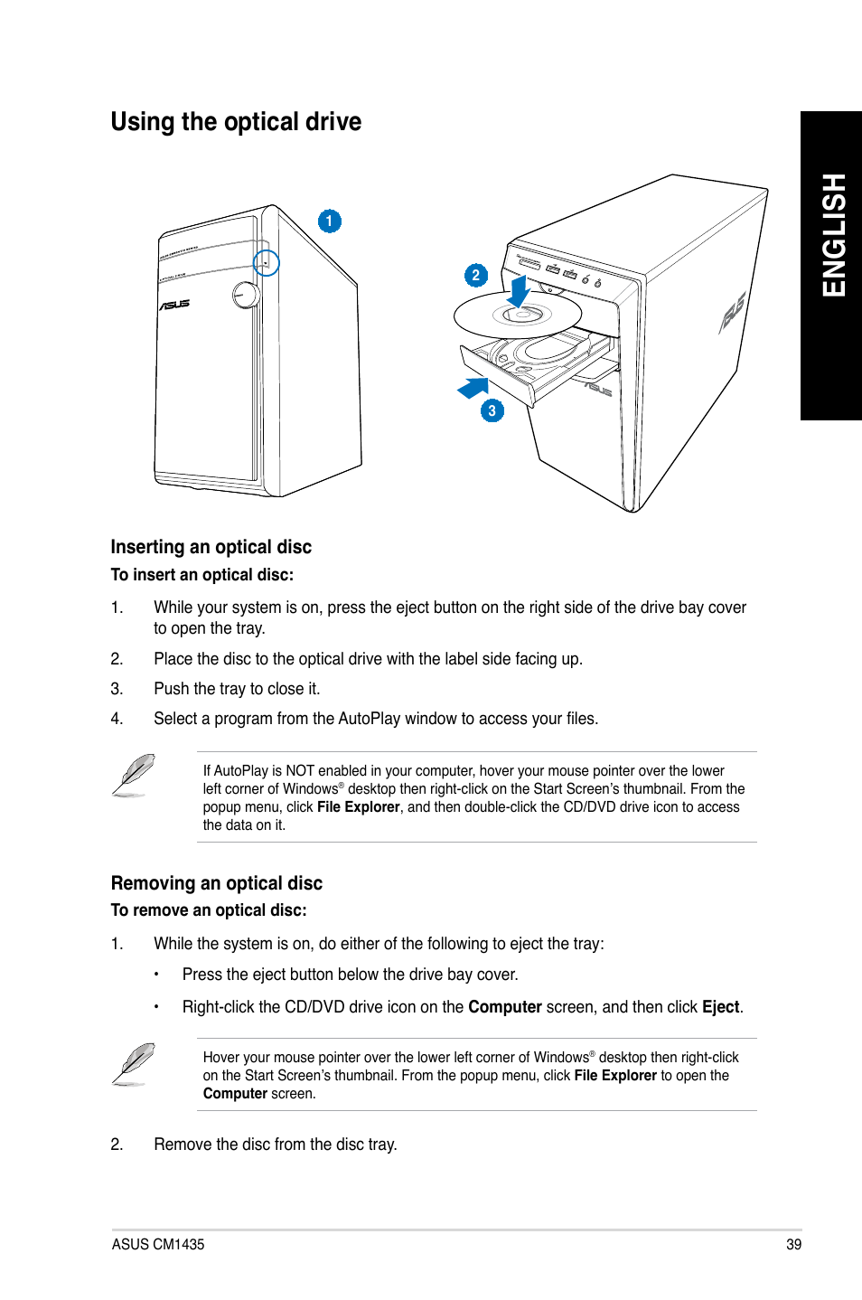 Using the optical drive, En gl is h en gl is h | Asus CM1435 User Manual | Page 39 / 68