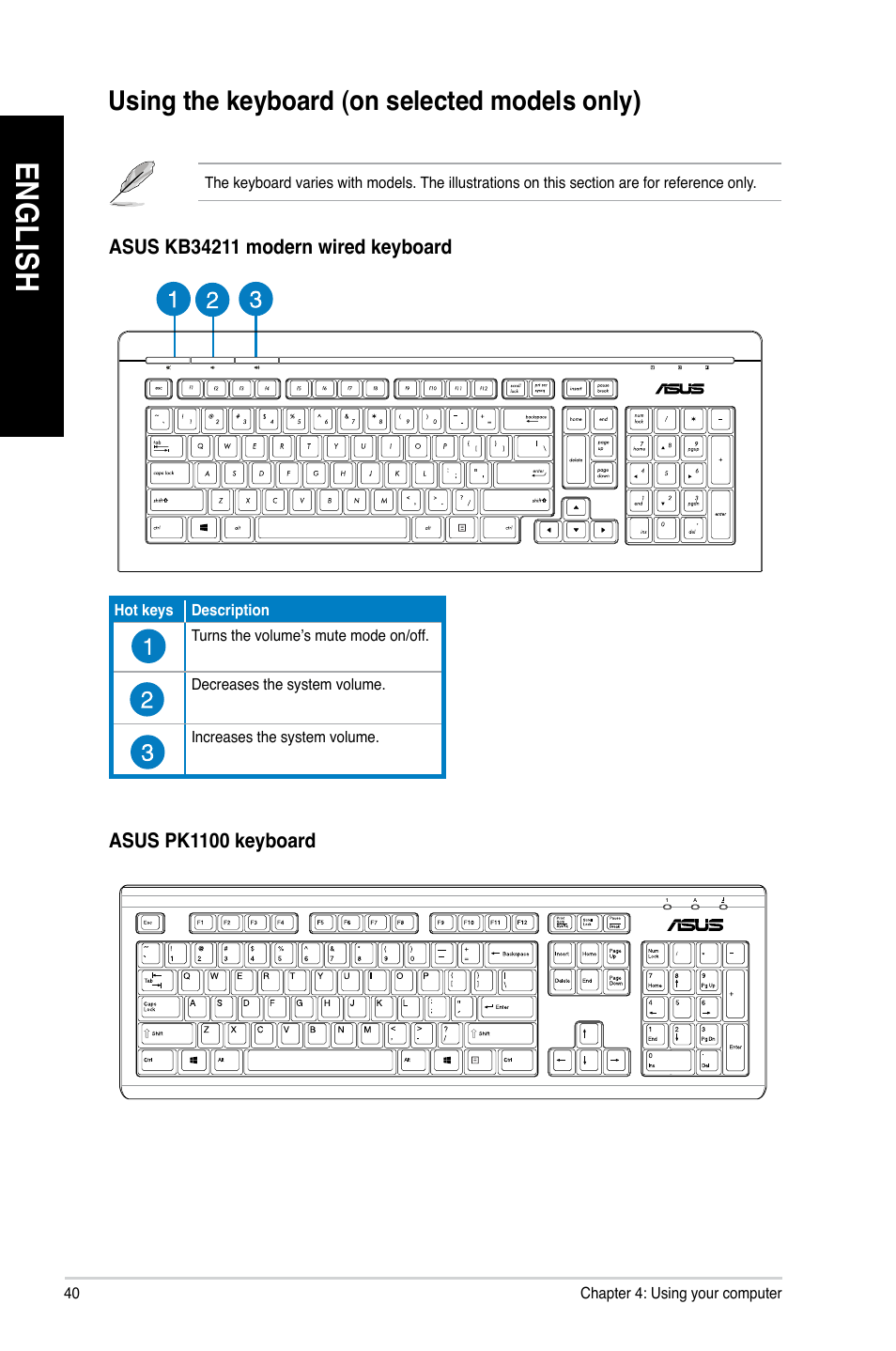 Using the keyboard (on selected models only), En gl is h en gl is h | Asus CM1435 User Manual | Page 40 / 68