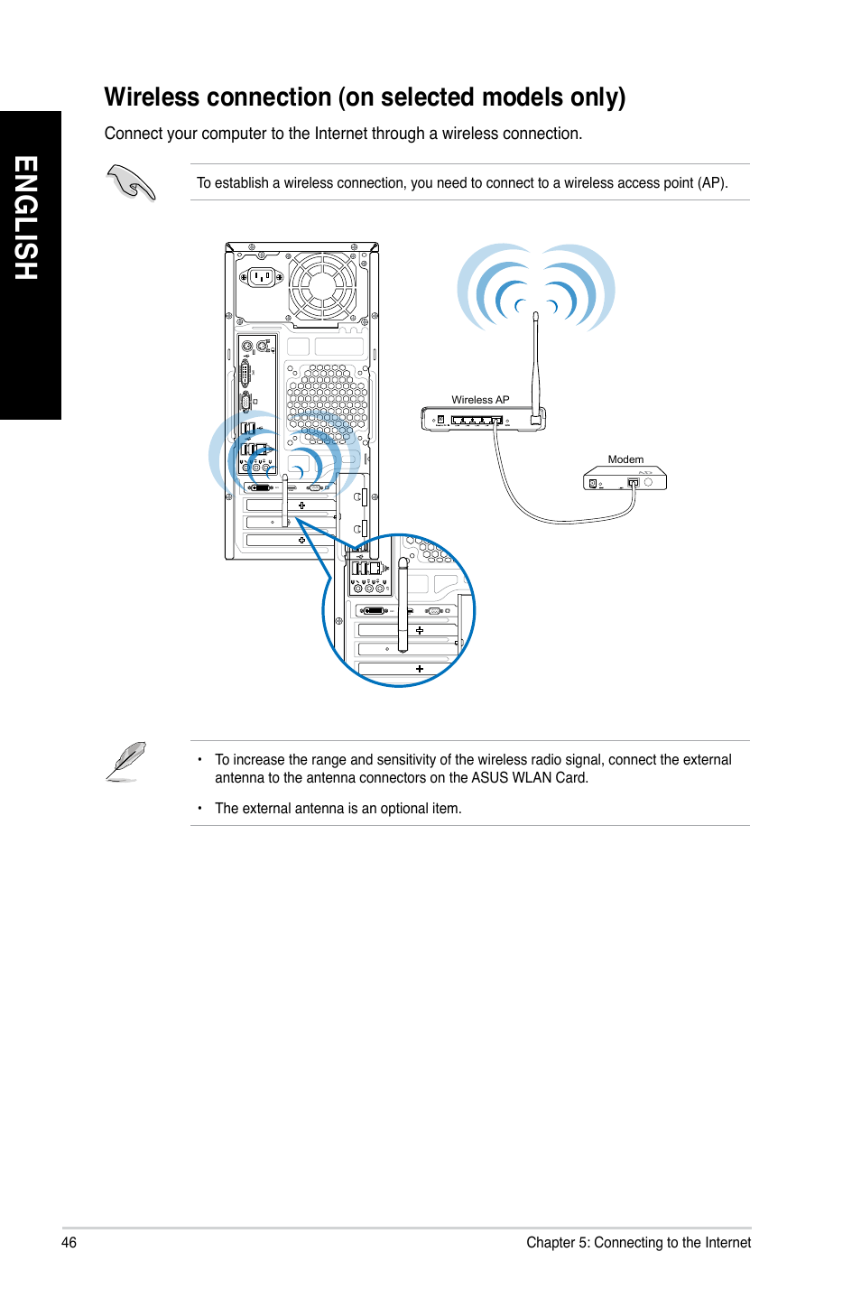 Wireless connection (on selected models only), En gl is h en gl is h en gl is h en gl is h | Asus CM1435 User Manual | Page 46 / 68