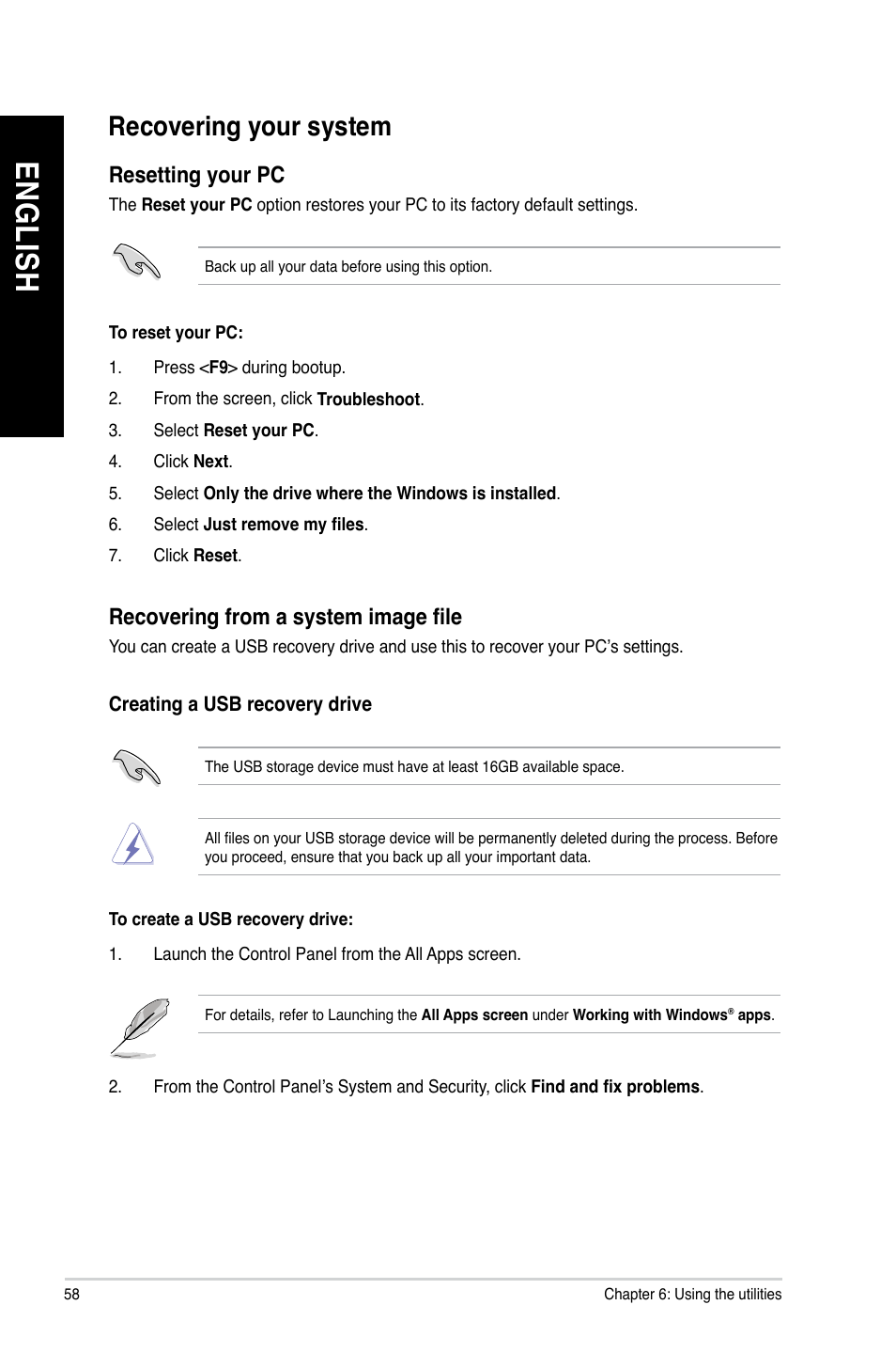 Recovering your system, En gl is h en gl is h en gl is h en gl is h | Asus CM1435 User Manual | Page 58 / 68