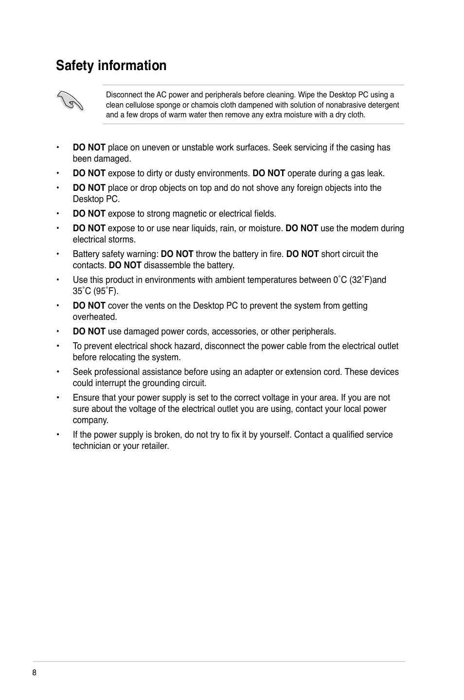 Safety information | Asus CM1435 User Manual | Page 8 / 68