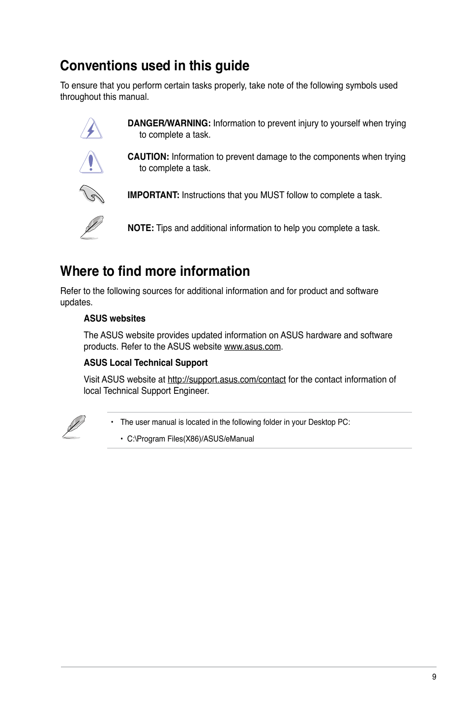 Conventions used in this guide, Where to find more information | Asus CM1435 User Manual | Page 9 / 68