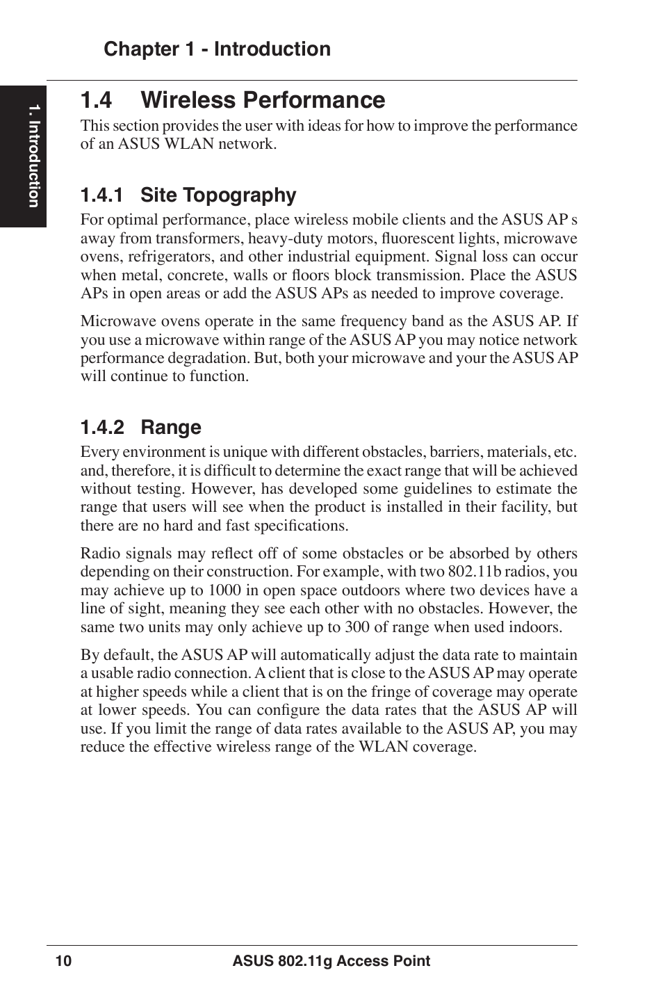  wireless performance, Chapter 1 - introduction, .1 site topography | .2 range | Asus WL-320gP User Manual | Page 10 / 74
