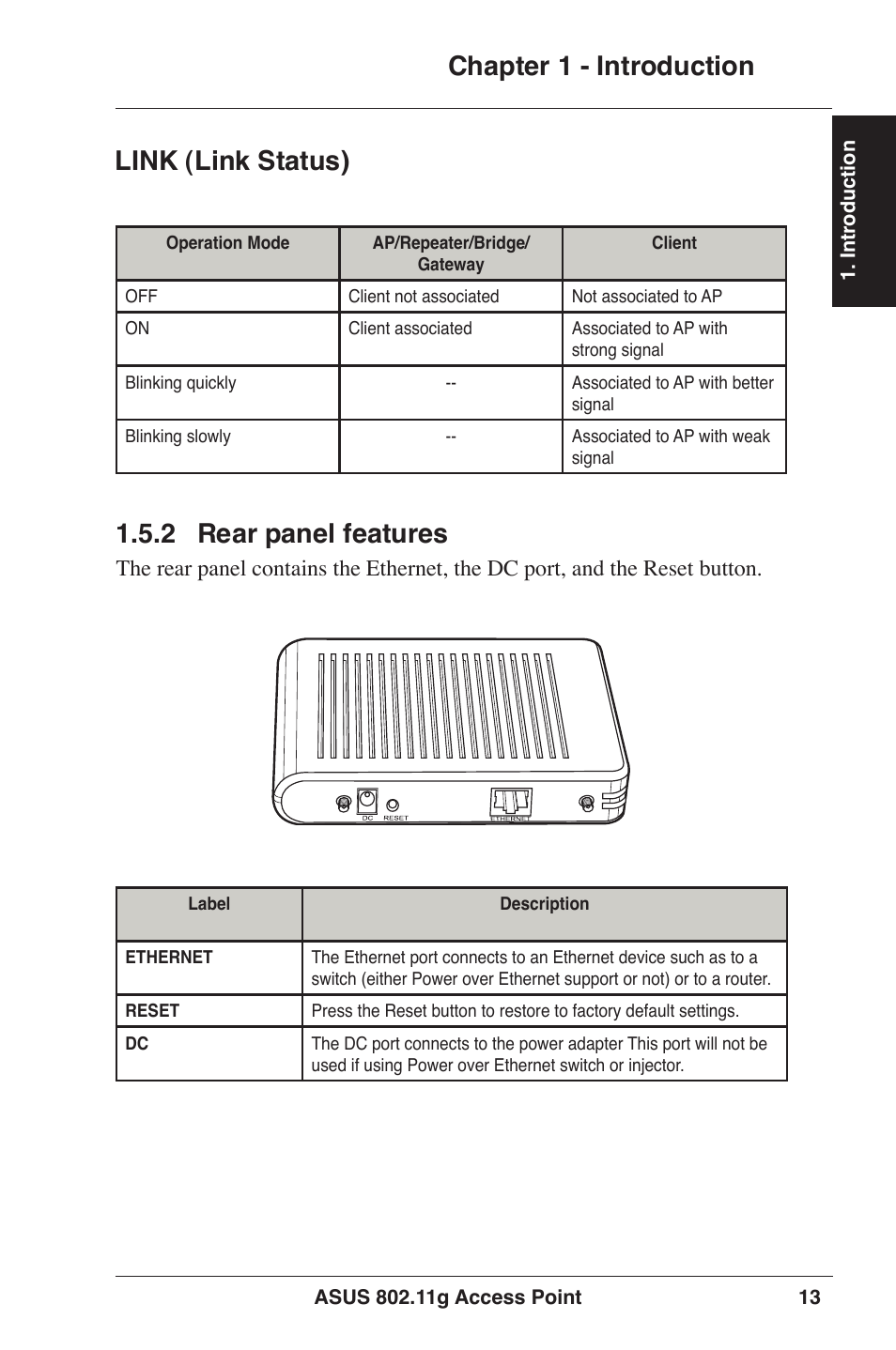 Chapter 1 - introduction 1..2 rear panel features, Link (link status) | Asus WL-320gP User Manual | Page 13 / 74