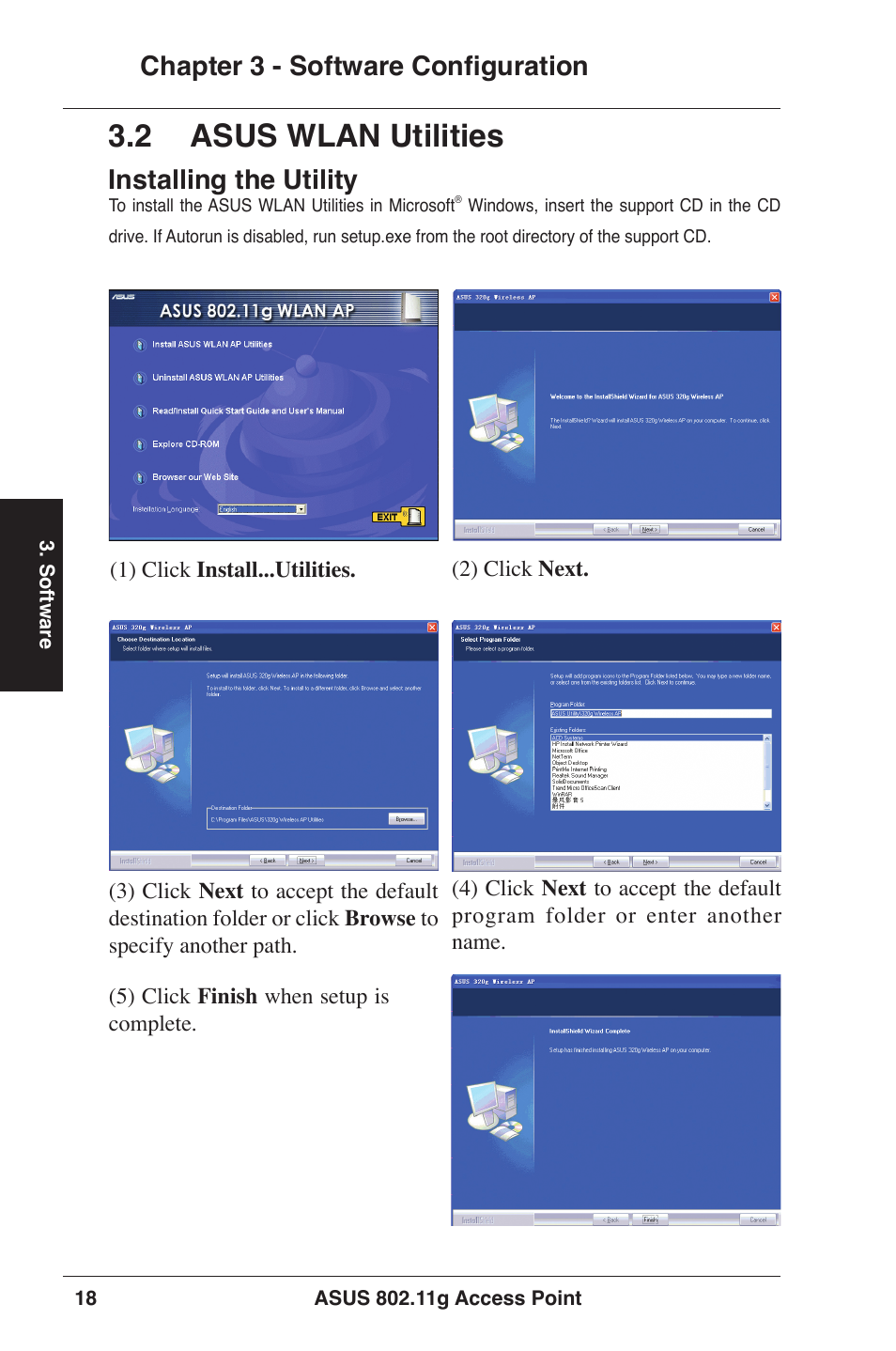 2 asus wlan utilities, Chapter 3 - software configuration, Installing the utility | Asus WL-320gP User Manual | Page 18 / 74