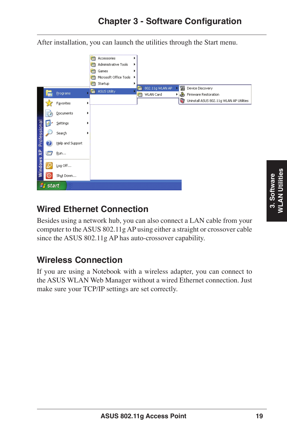 Chapter 3 - software configuration, Wired ethernet connection, Wireless connection | Asus WL-320gP User Manual | Page 19 / 74