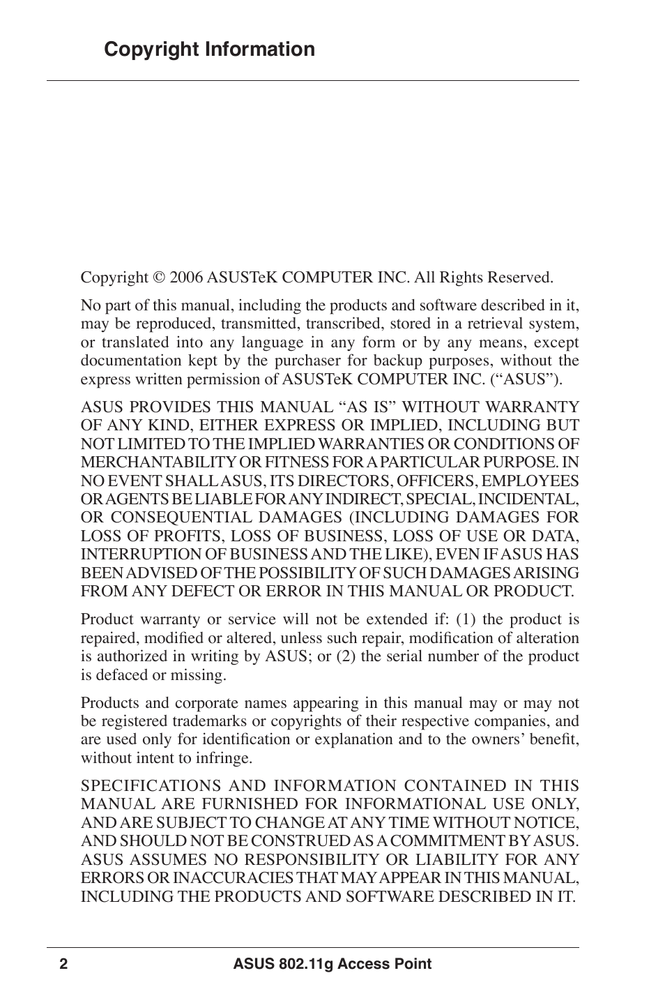 Copyright information | Asus WL-320gP User Manual | Page 2 / 74
