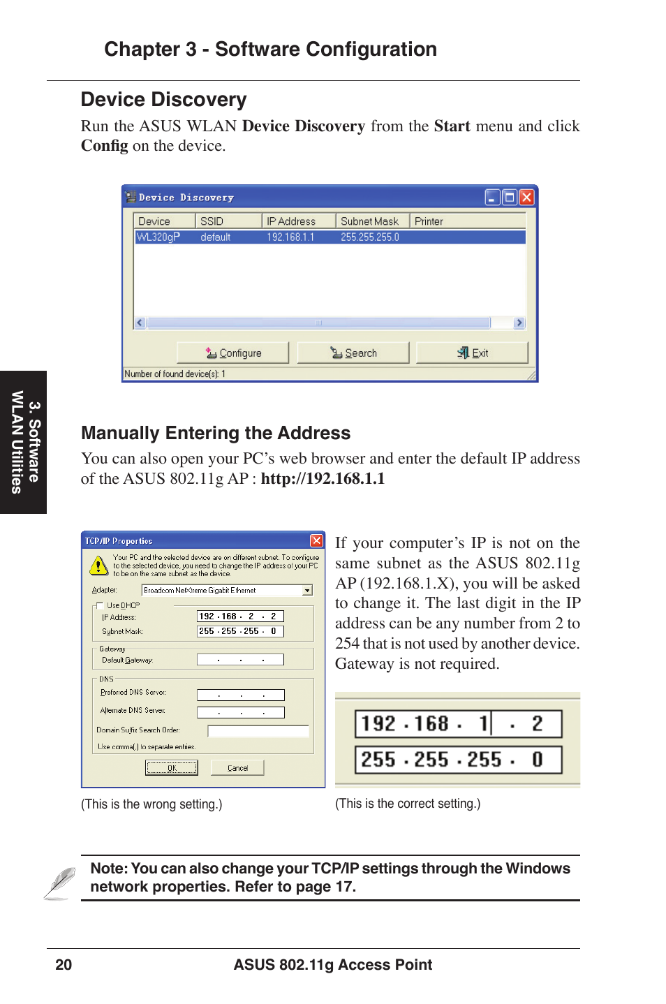 Chapter 3 - software configuration, Device discovery | Asus WL-320gP User Manual | Page 20 / 74