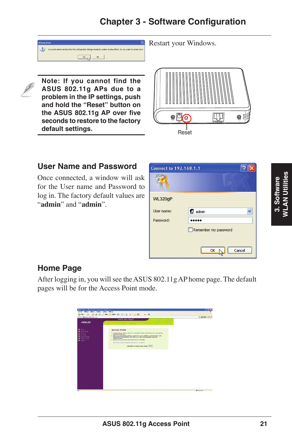 Chapter 3 - software configuration | Asus WL-320gP User Manual | Page 21 / 74