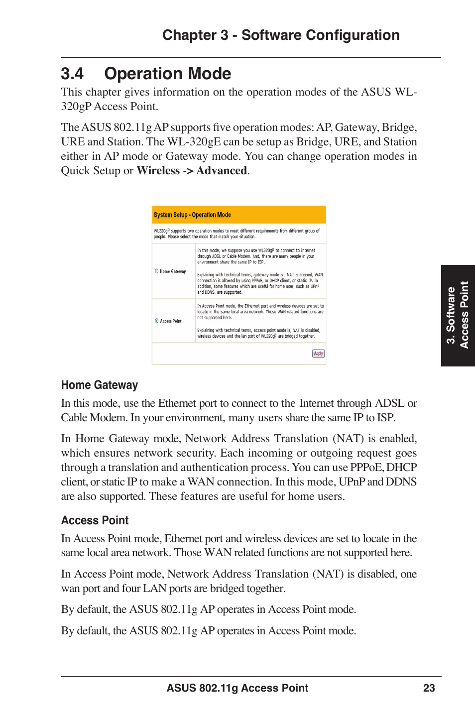  operation mode, Chapter 3 - software configuration | Asus WL-320gP User Manual | Page 23 / 74