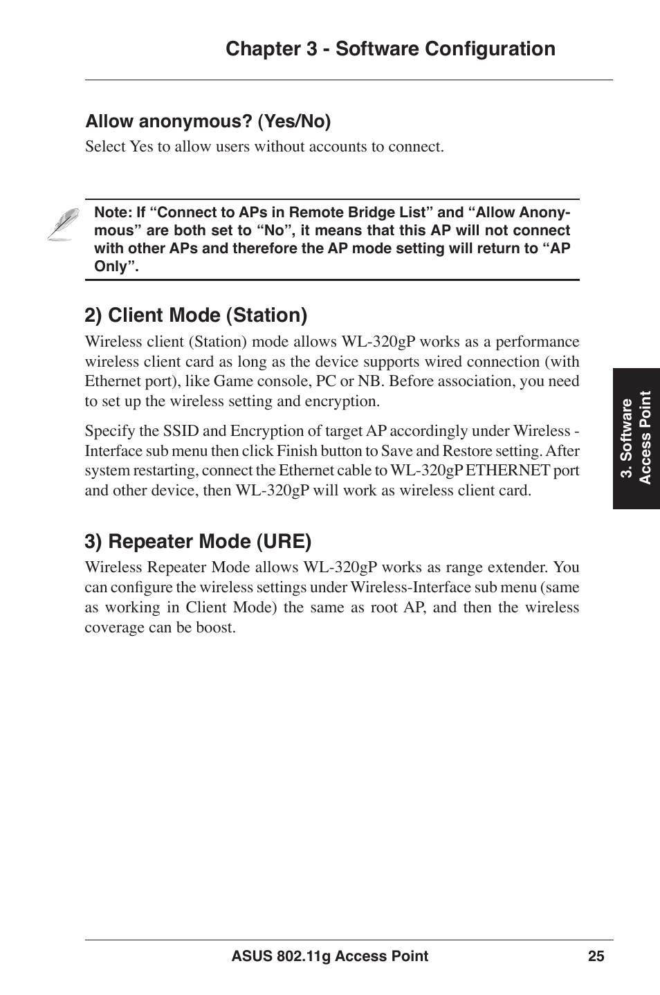 Chapter 3 - software configuration, 2) client mode (station), 3) repeater mode (ure) | Asus WL-320gP User Manual | Page 25 / 74